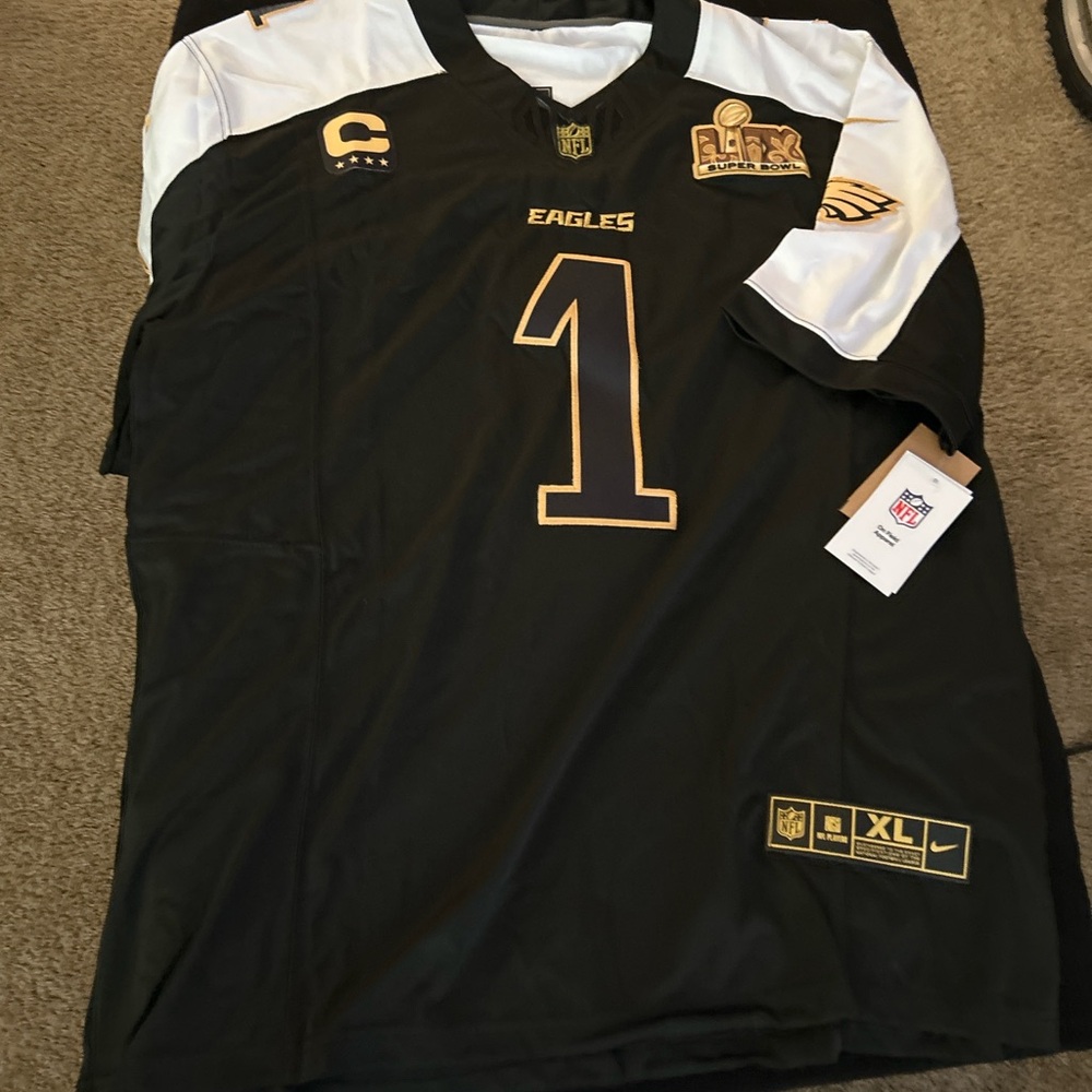 Nike Black and White Jalen Hurts Super Bowl Eagles Jersey with Gold Accents